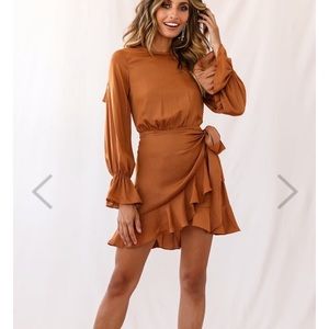 Dark long sleeve satin dress-tan